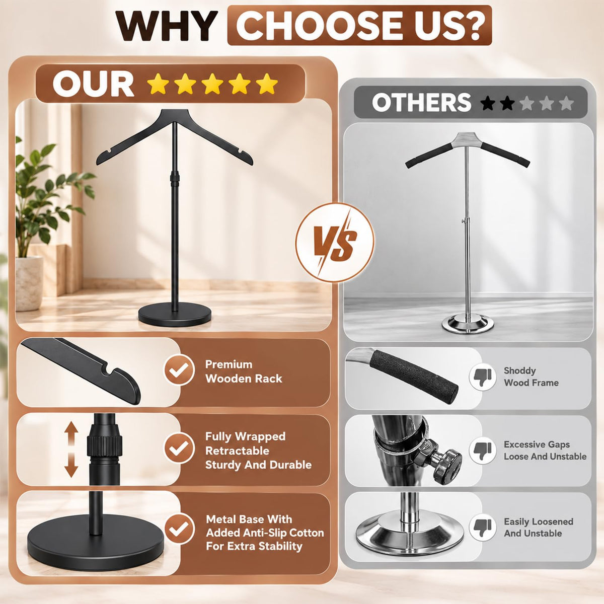 HASTHIP Adjustable Shirt Display Stand with Solid Wood Hanger and Weighted Round Metal Base
