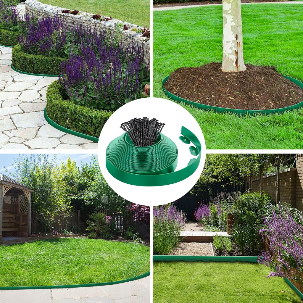 HASTHIP Garden Edging Border for Flower Beds with 32.8ft Length and 30 Nails | UV-Resistant Green Trim