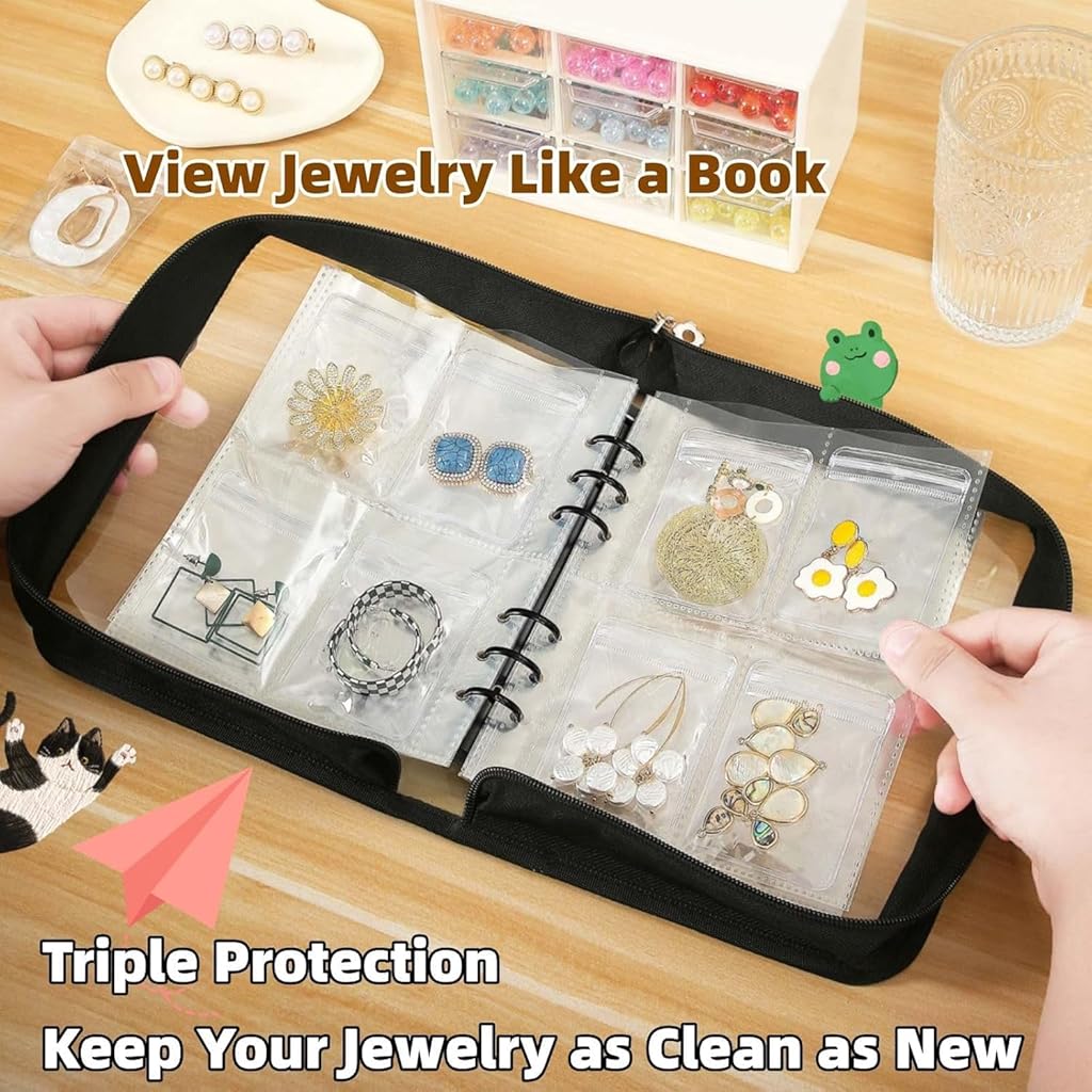 HASTHIP® Jewelry Organizer Travel Earring Organizer Case Transparent Jewelry Storage Book for Necklace Bracelet Ring With PVC Jewelry Pouches Zipper Bags