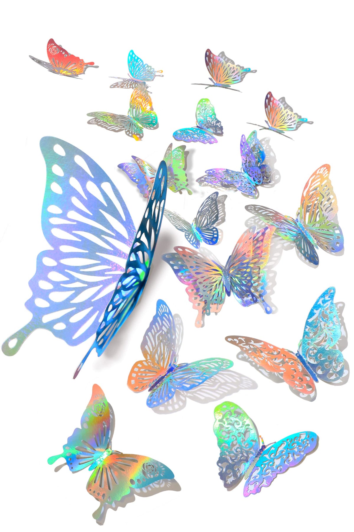 60pcs 3D Butterfly Wall Stickers Decor Rainbow Silver Butterfly Stickers Hollow Mural Decals DIY Decorative Wall Art Crafts for Baby Room Home Decor Refrigerator Decoration, Self-Adhesive