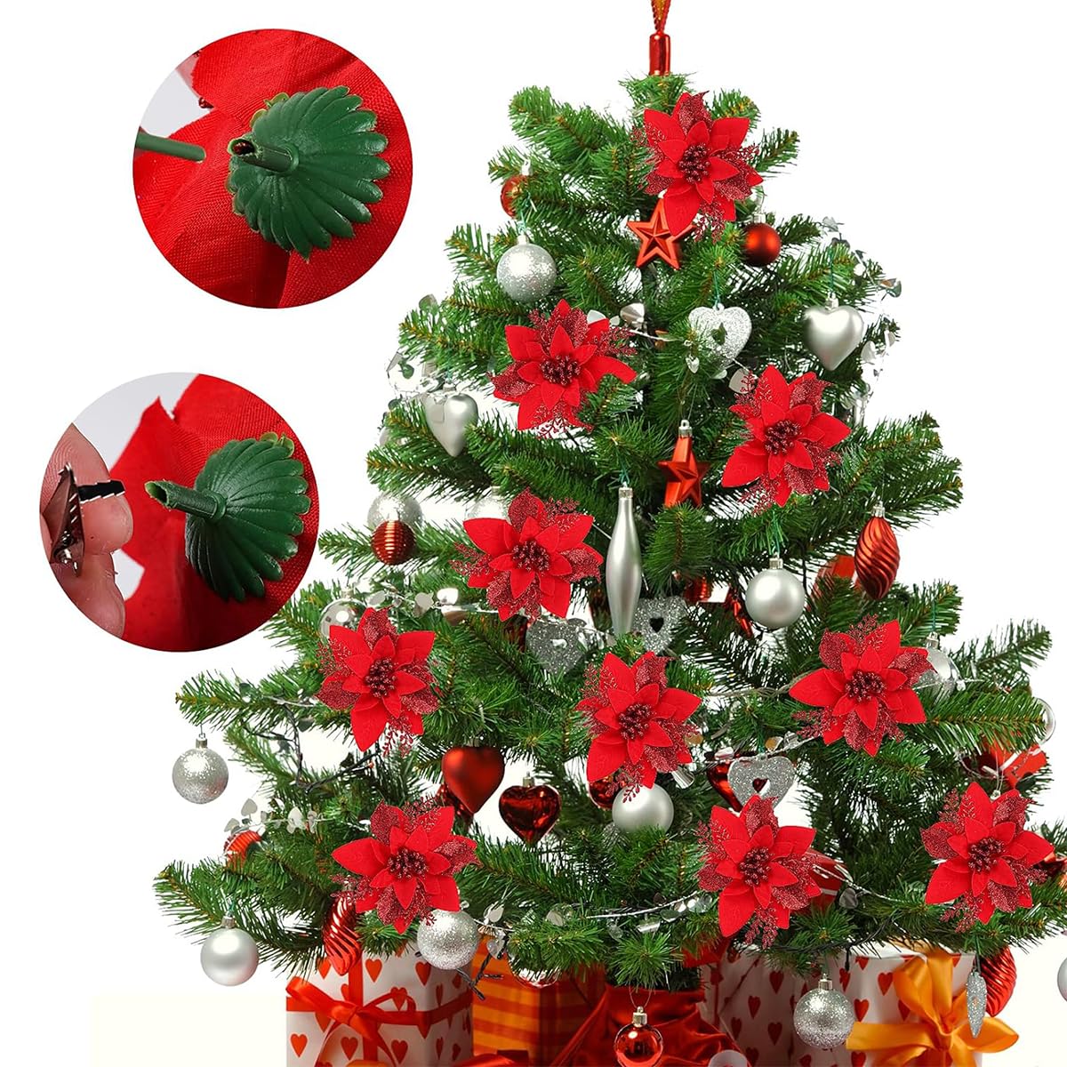 HASTHIP Christmas Poinsettia Flowers for Tree and Home Décor 10 Pcs | Sparkling Red 6 in Ornaments
