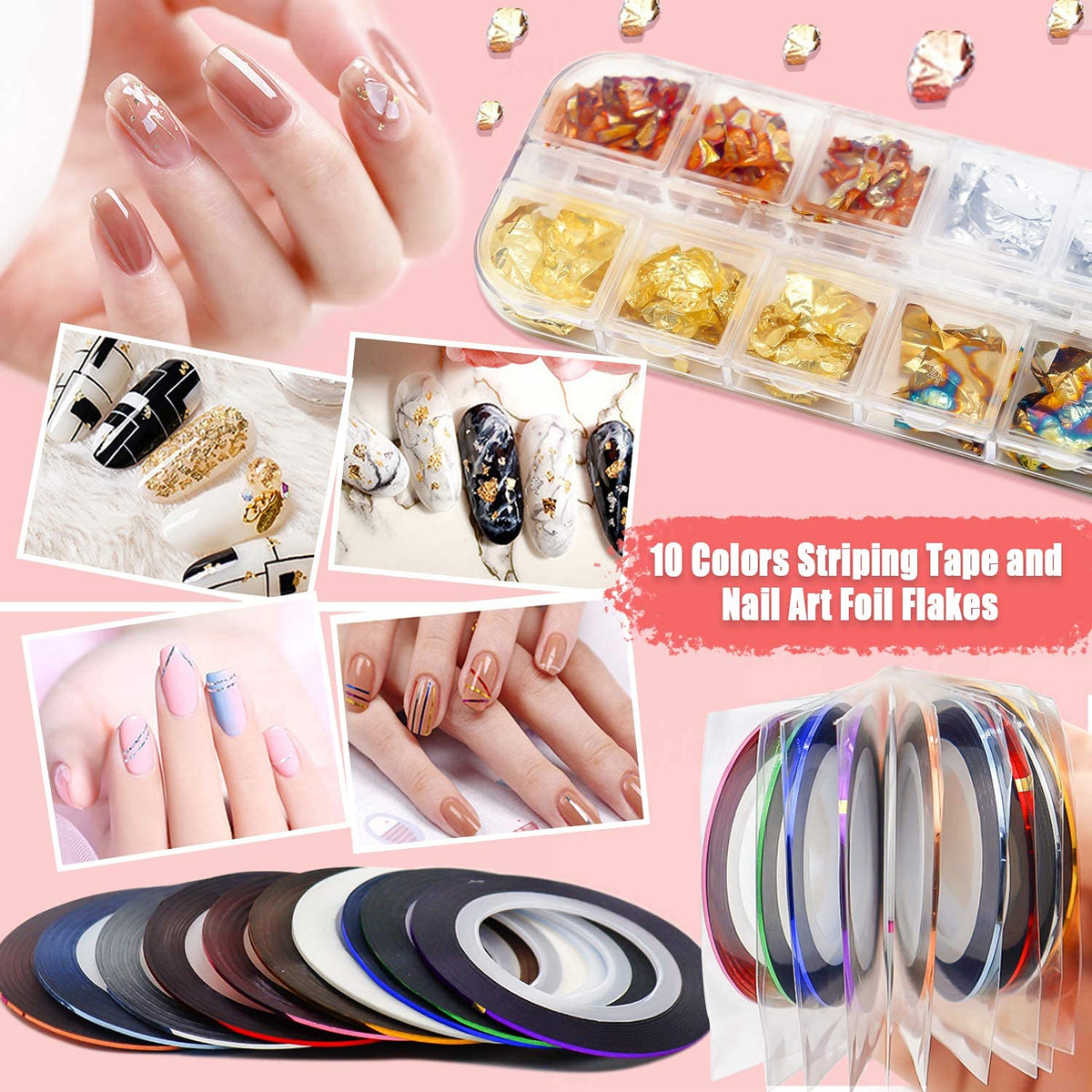 MAYCREATE® 3D Nail Art Stamping Kit, 3D Nail Art Tools with Pen & Brush Painting Polish Design Kit Nail Art Stickers Nail Foil Tape Strips and Nails Art Rhinestones