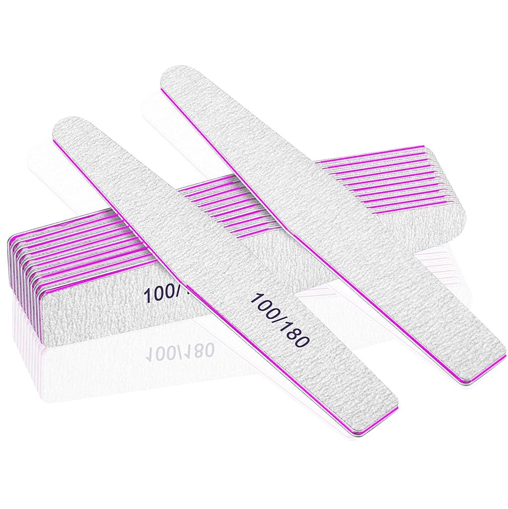 MAYCREATE® 10PCS Nail Files, Professional Nail Filer and Buffer, Curved Fingernail Files, 100/180 Grit with 240 Grit for Smooth Finishing, Sponge and PP Board for Home and Salon Use (Pink)