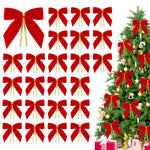 HASTHIP 24-Piece Red Velvet Christmas Bow Ornaments with Golden Tie Wires for Holiday Decorating