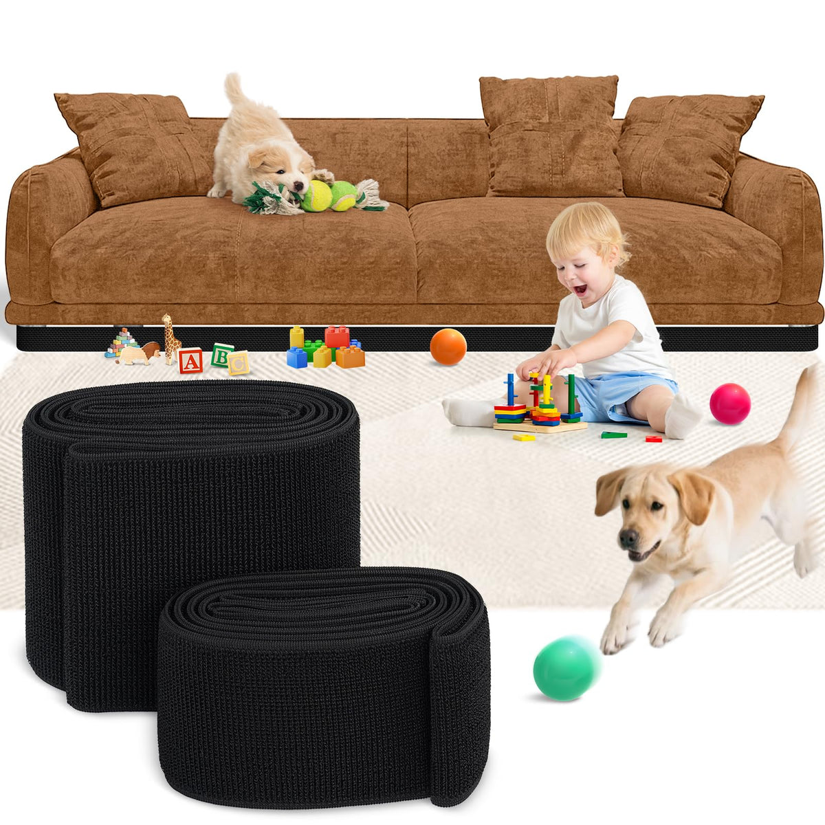 HASTHIP® Elastic Under Couch & Bed Blocker for Kids & Pets Adjustable Gap Guard Stops Lost Toys, No Tools Install Fits Right-Angle Furniture Legs (3" H x 132" L)-Black