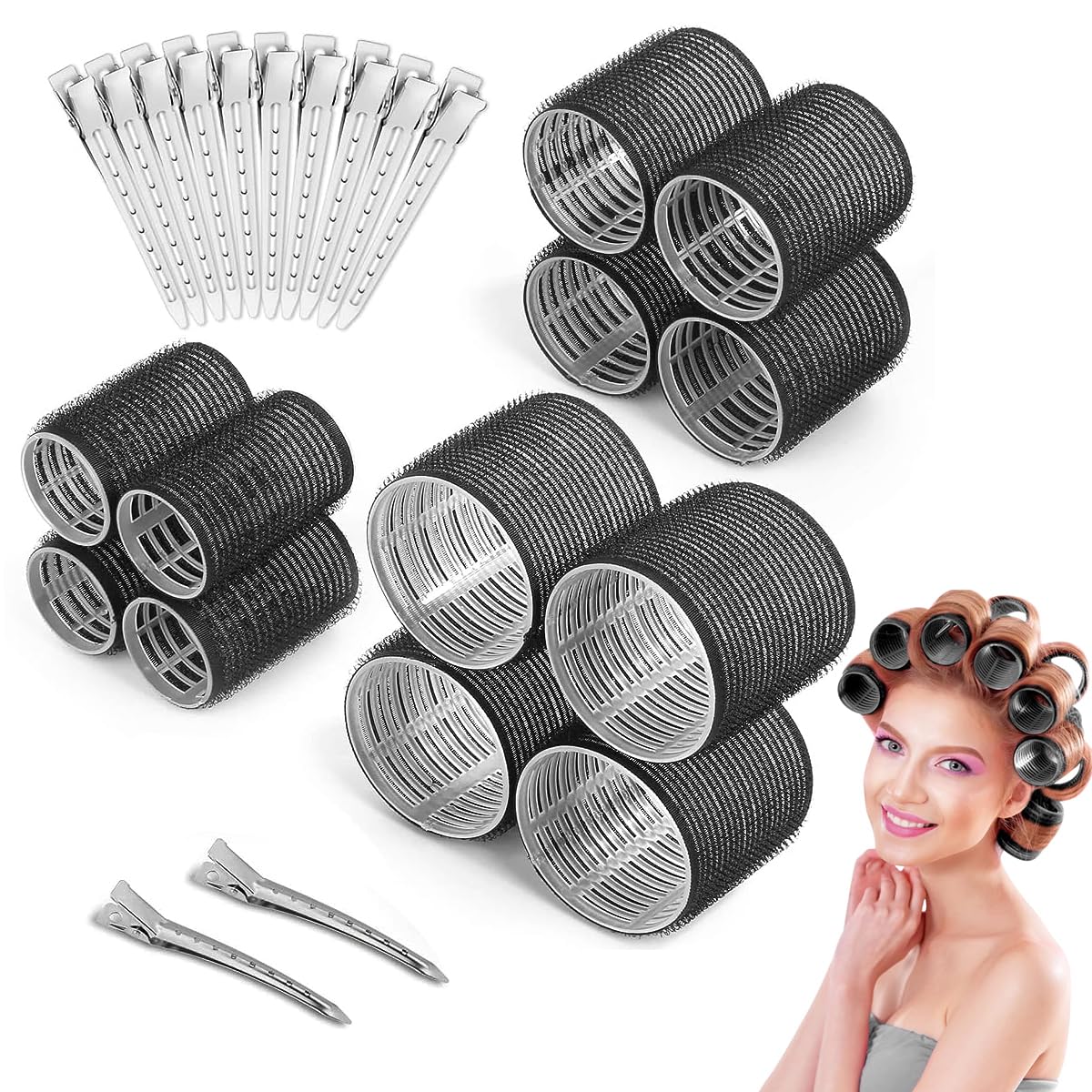 HASTHIP® Tubos Rulos Autoadhesivos Sin Calor para Mujer Niñas, 12PCS Rulos para Cabello 3 Tamaños (Jumbo, Grande, Mediano) con 12 Pinzas Bang Clips Set Profesional Volumen y Rizos Duraderos