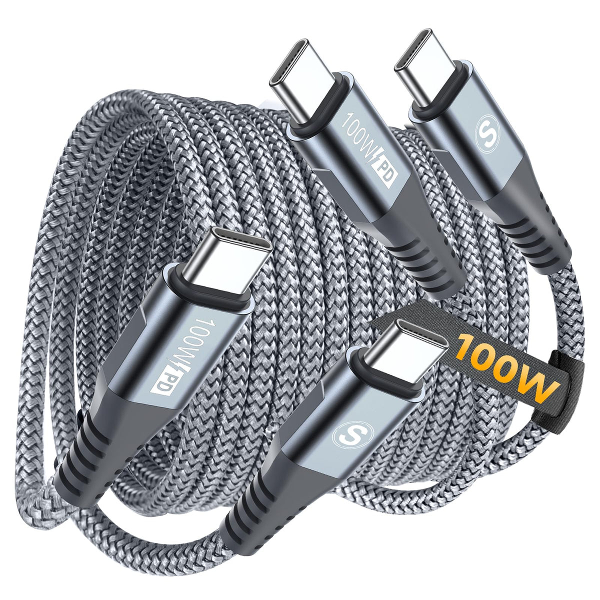 HASTHIP® Verilux Cable de Carga Rápida USB-C de 6.6ft PD 100W, Type-C Macho a Macho, Cable Trenzado de Nailon Antienredo para Laptop, MacBook, iPad, Teléfono y Tablet, Pack de 2