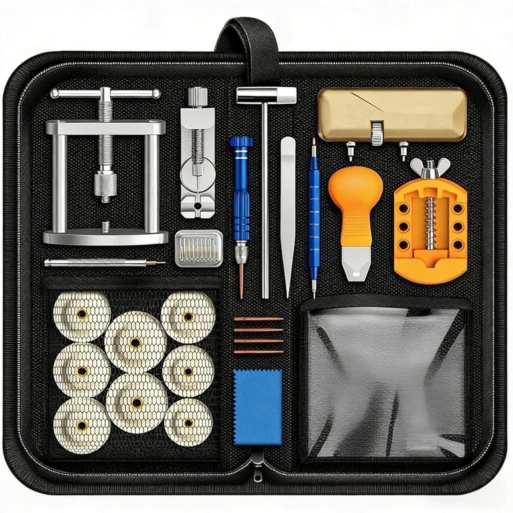 HASTHIP® Kit de Reparación de Relojes con Herramienta Prensa,Cambio Batería,Ajuste Correa Apertura y Cierre Tapa Removedor Enlaces y Destornillador para Pasadores - Negro