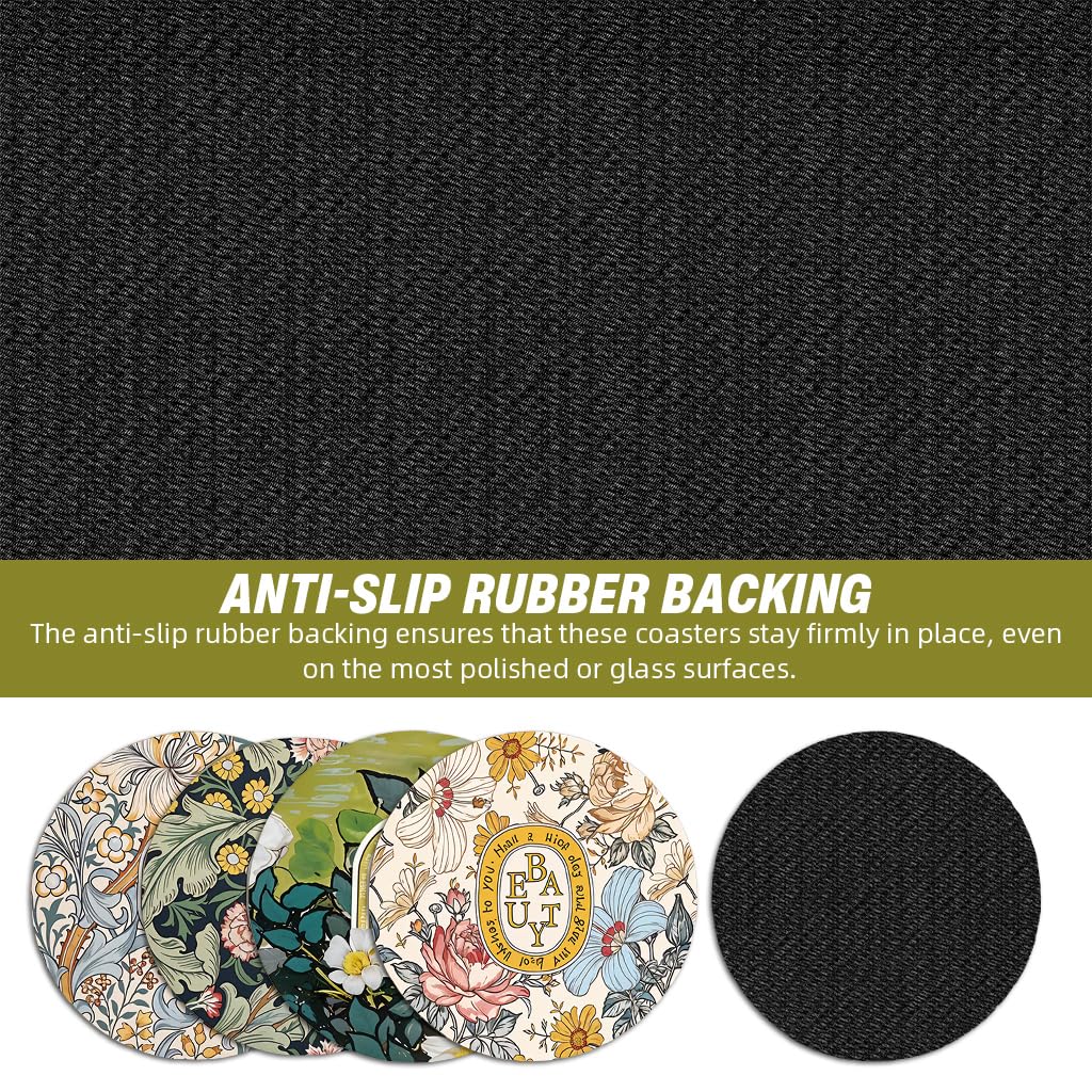 HASTHIP Coasters for Table Decor featuring 4.7 in Round Anti Slip Rubber Base | Nordic Floral Print