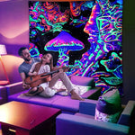 UV Luminous Mushroom Tapestry, Fantastic Upright Tapestry Glow In The Dark, UV Reactive Tapestries Posters Wall Hanging for Backdrop (51inch x 59inch)( Black)