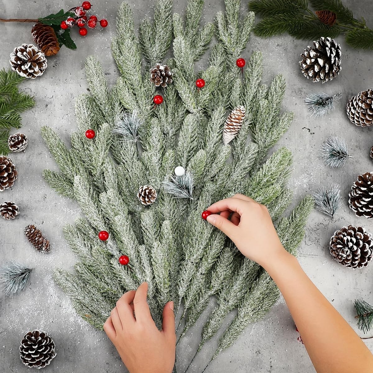 HASTHIP Christmas Tree Ornaments for Home Décor featuring 60pcs 10.24in Snow Dusted Pine Branches