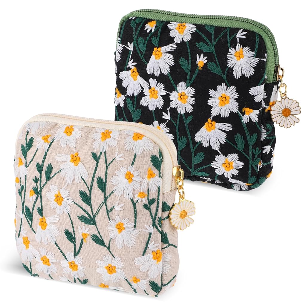 HASTHIP® Daisy Bolsa para Toallas Femeninas,2 Piezas,Bolsa de Almacenamiento para Toallas Sanitarias Algodón Bordado