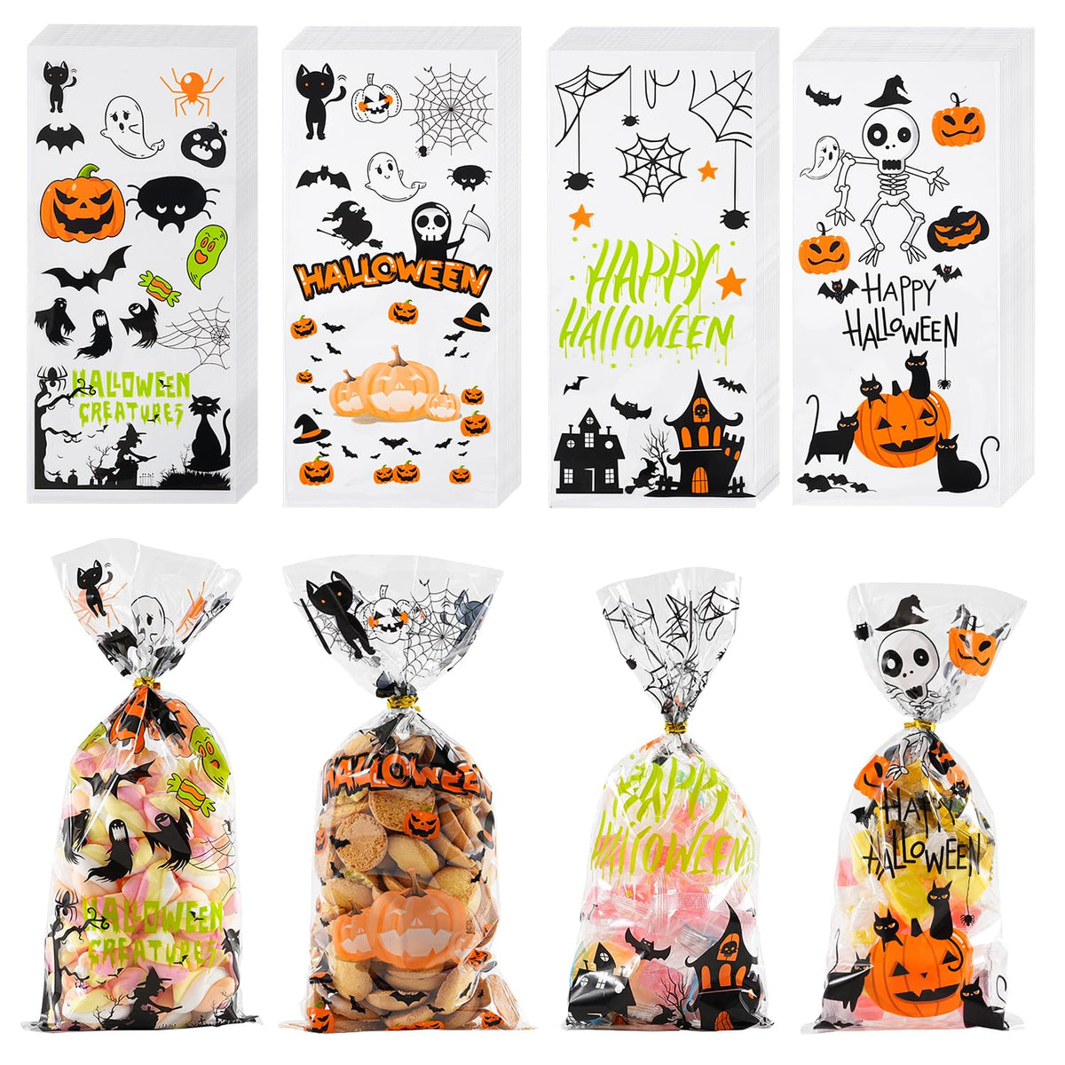 HASTHIP® Halloween Cellophane Treat Bags, 100pcs Trick or Treat Goody Gags with Twists for Snacks Cookies Packing, Goodie Bags Party Supplies
