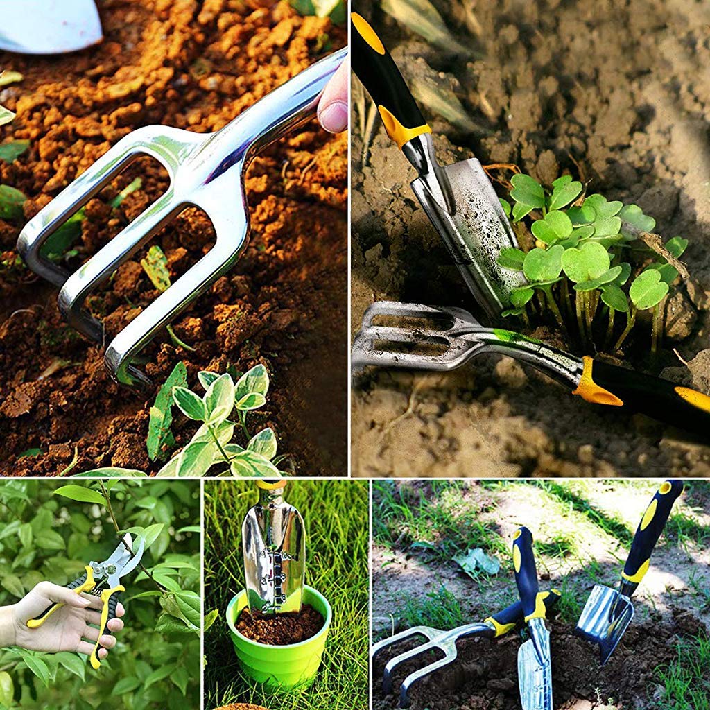 5Pcs Gardening Tools for Garden Home Patio, Heavy Duty Aluminum Tools Set with Gardening Transplanting Spade, Cultivator, Pruner, Trowel and Gardening Gloves, Durable Gardening Accessories