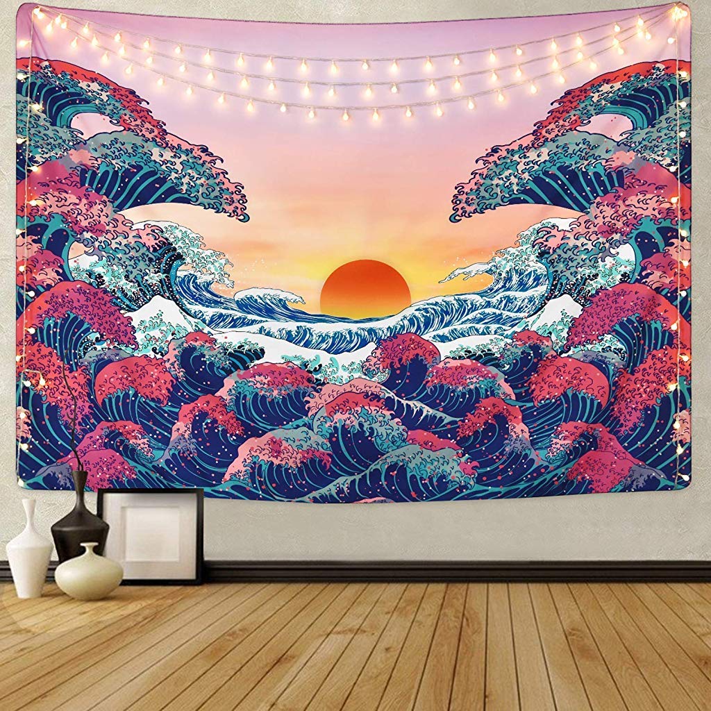 Sunset Wall Tapestry Forest Tree Tapestry Mountain Tapestry Wall Hanging Psychedelic Nature Polyester Landscape Tapestry Wall Decor for Bedroom(51"X59"), Polyester, blue