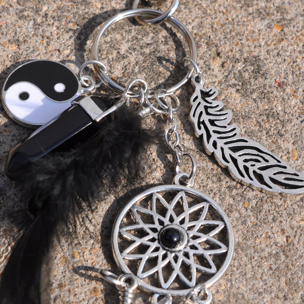 HASTHIP Dreamcatcher Keyring with Black Agate and Feather Charm in Black and Silver | Imported from Hong Kong