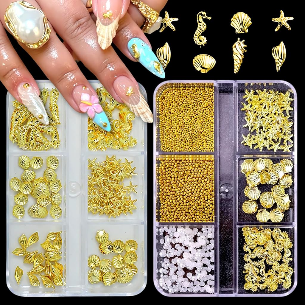HASTHIP® 2Pcs Summer Steel Studs Metal Pearls Nail Gems