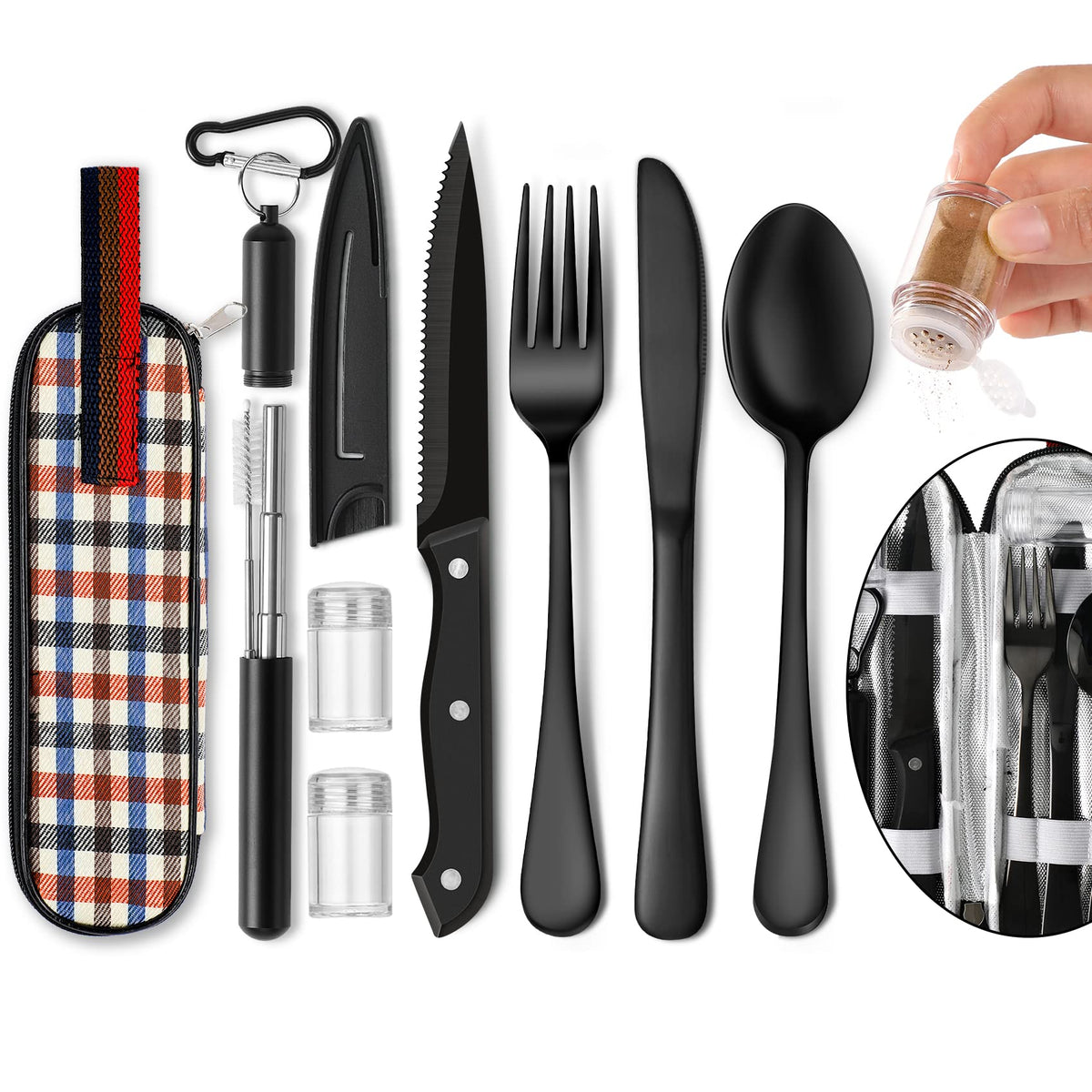HASTHIP Portable Travel Utensils Set for Camping and Office with Zipper Case and Straw | Reusable Stainless Steel Flatware in Black