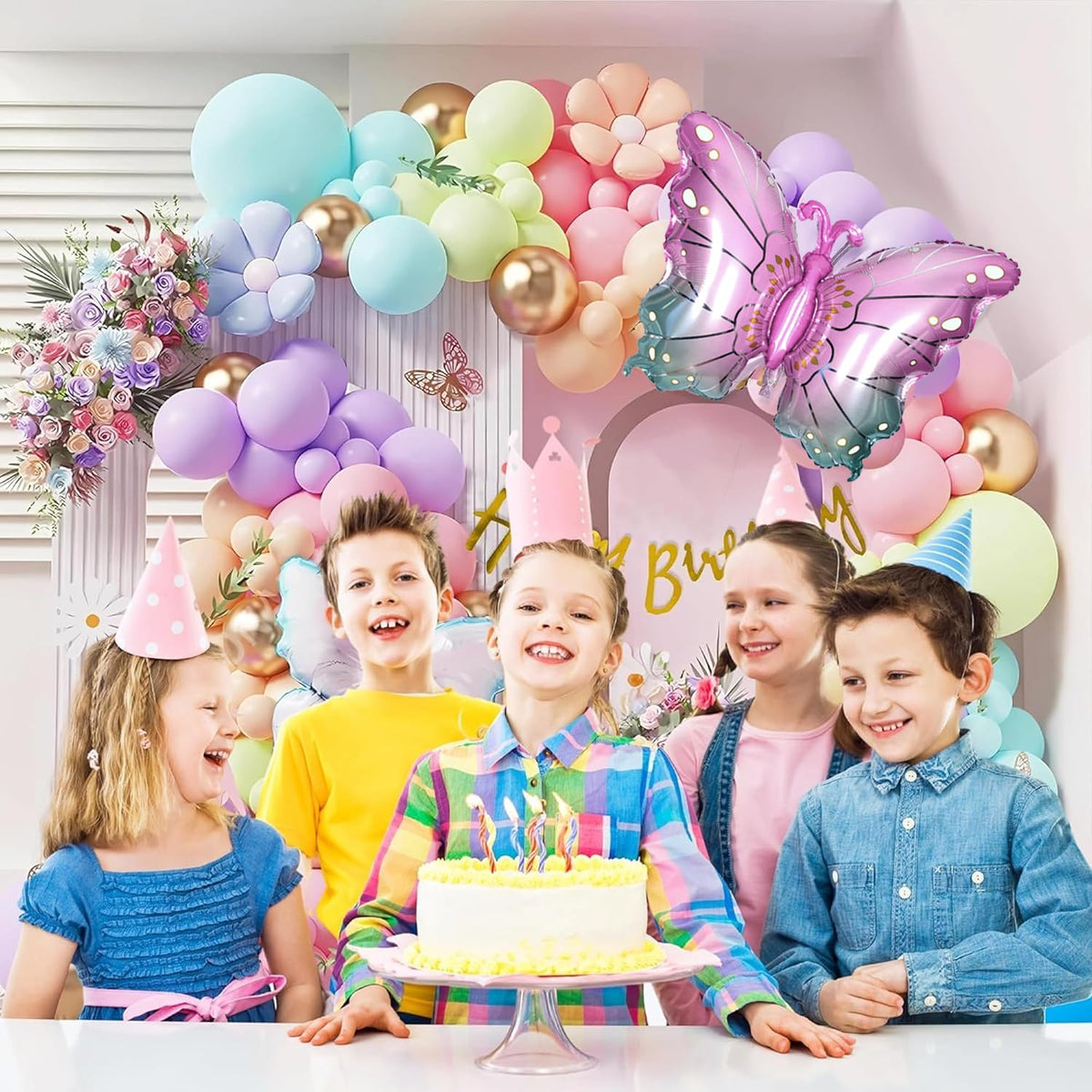 HASTHIP Birthday Party Supplies for Purple Butterfly Theme with 6 Hanging Spirals and 12 Cake Toppers