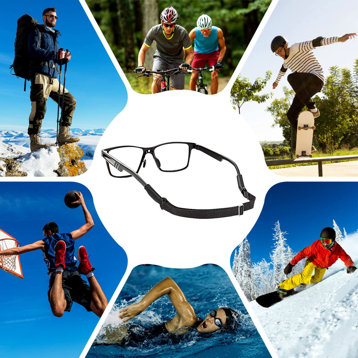 HASTHIP Eyeglasses Straps for Outdoor and Daily Use featuring Adjustable 23–40cm Elastic Holders | 3pcs Black Set for Adults