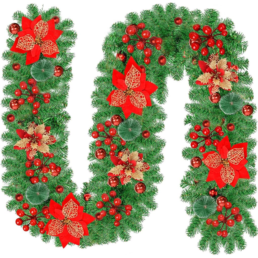 HASTHIP Christmas Garland for Fireplace and Stair Decor with Red Flowers and Berries 106 in | Festive Indoor Outdoor Holiday Decoration