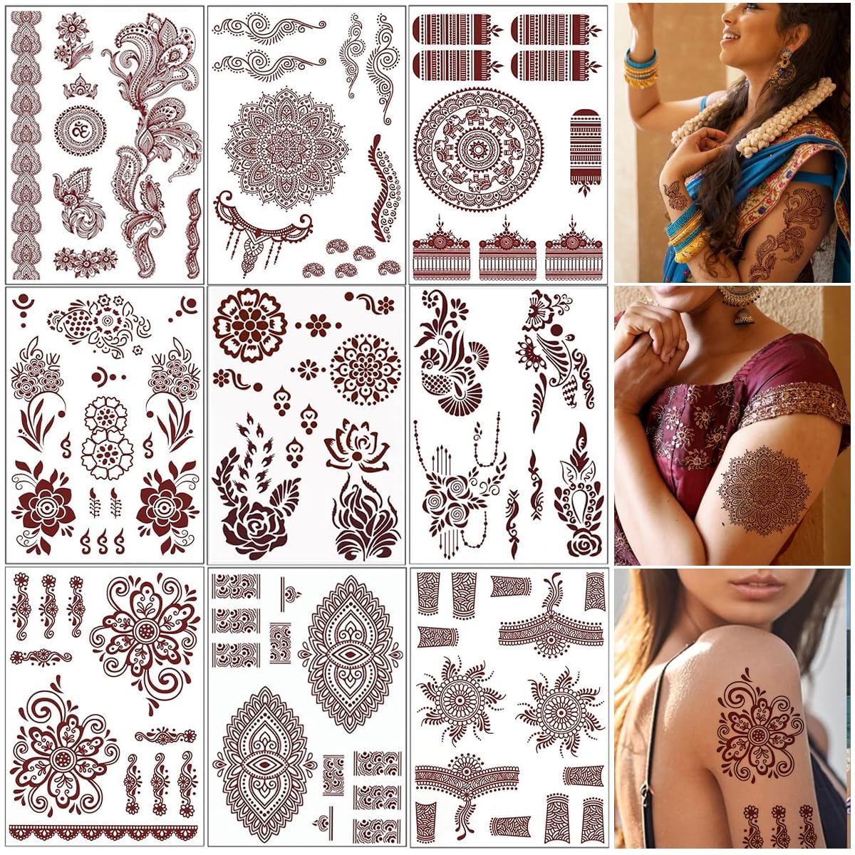 HASTHIP® Tatuajes Temporales Mandala 9 Hojas Marrones para Mujeres y Niñas,Pegatinas Henna Impermeables con Diseño de Flor de Loto,Brazaletes Manos Brazos y Pies Fáciles Aplicar Duraderas