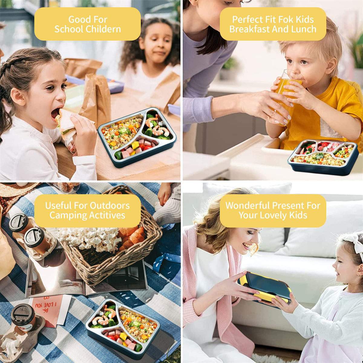 HASTHIP Lunch Box for School and Office with 4 Compartments 1000ml Stainless Steel | Leakproof Bento Set for Men Women and Kids