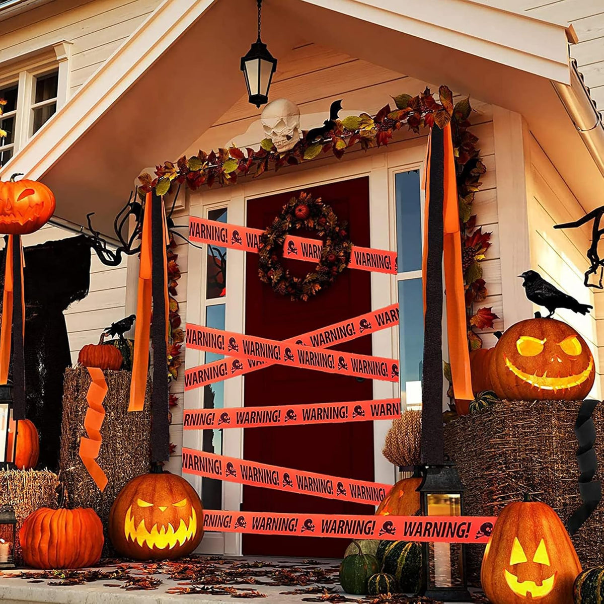 HASTHIP® 2PCS Orange Pirate Skull Warning Tape, Used for Halloween Decoration and Scary Party Decoration Warning Tape.8cm*5m-Tangerine