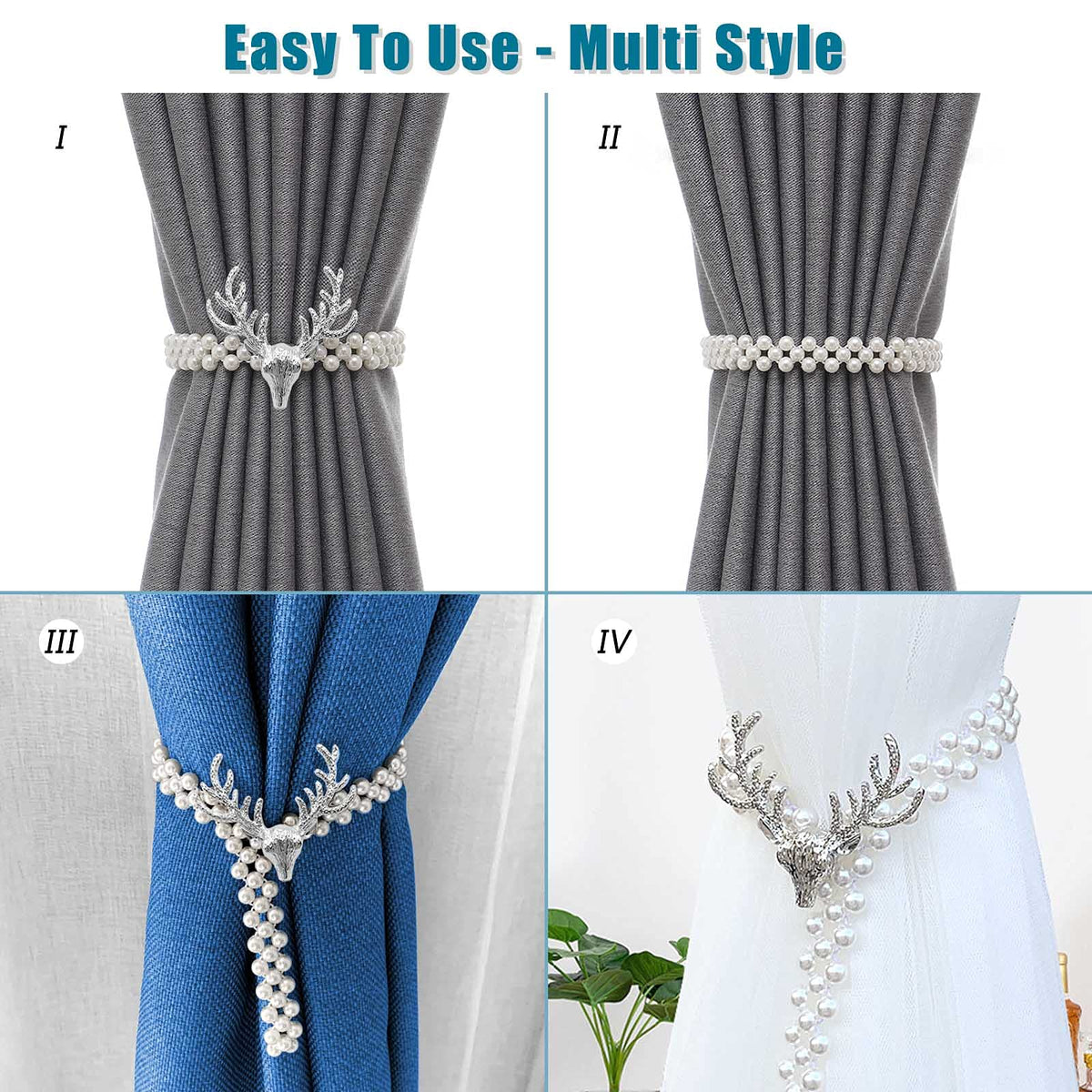 HASTHIP Curtain Holders Tieback for Home and Office with Elastic Rope and Pearl Design | 4 PCS Gold Set