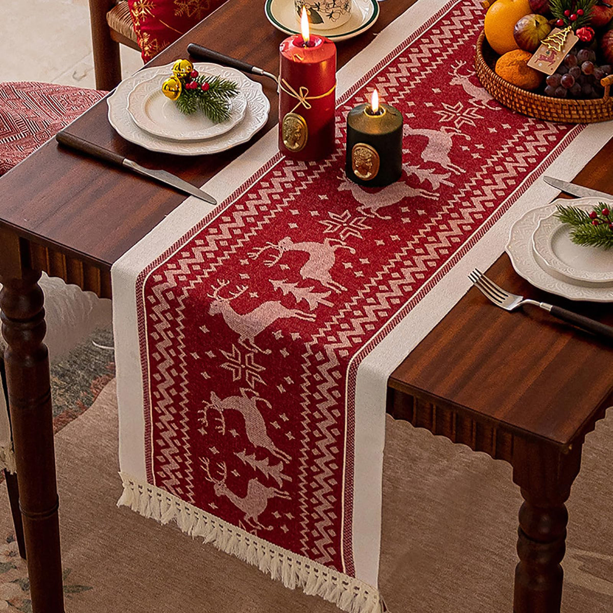 HASTHIP Christmas Table Runner for Holiday Dining with Tassel Edges 13.7x70.8 in Cotton Linen | Festive Red Elk and Snowflake Design