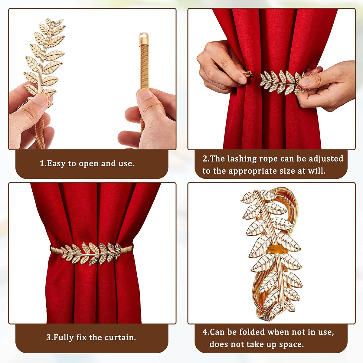 HASTHIP Curtain Tiebacks 2 Pack for Drapes featuring Adjustable Alloy Straps with Buckle Clip | Gold Leaf Carving Design