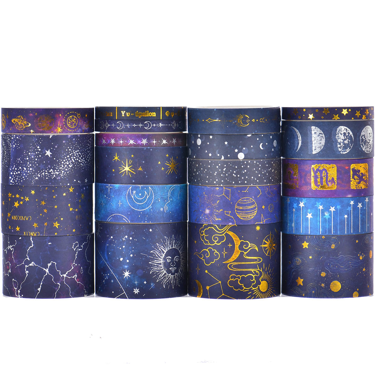 HASTHIP® Set de 20 Rollos de Cinta Washi Galaxy con Lámina Dorada, Estrellas, Lunas y Constelaciones, Cintas Decorativas Adhesivas para Scrapbooking, Diarios y Manualidades DIY