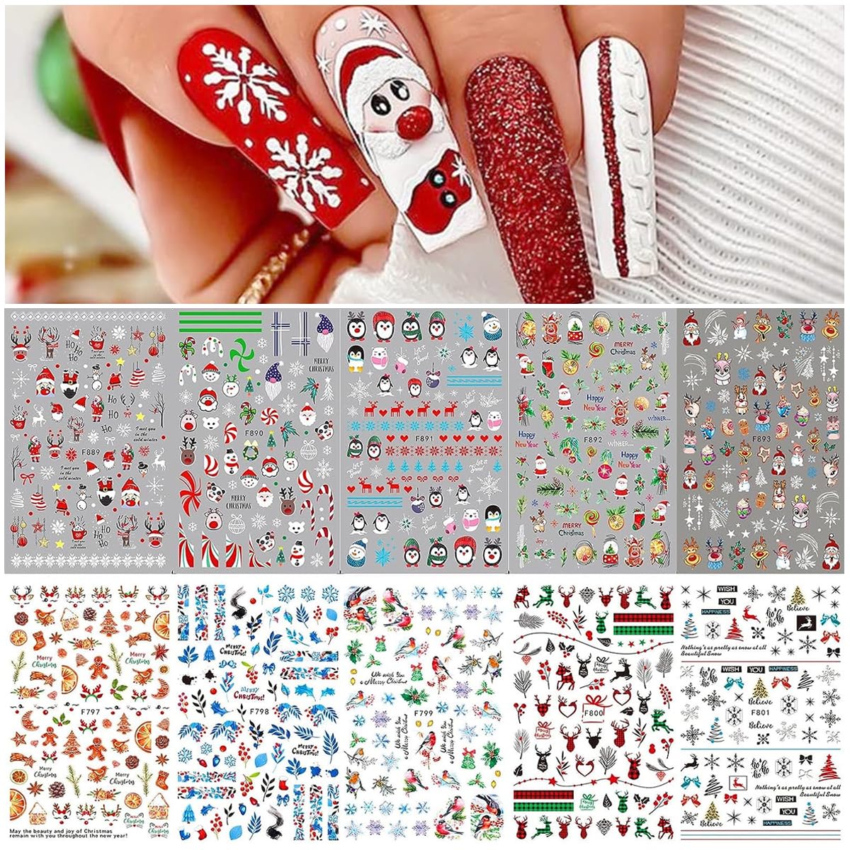 HASTHIP Nail Art Decals for Christmas with 10 Sheets Self Adhesive Santa Designs | DIY Stickers