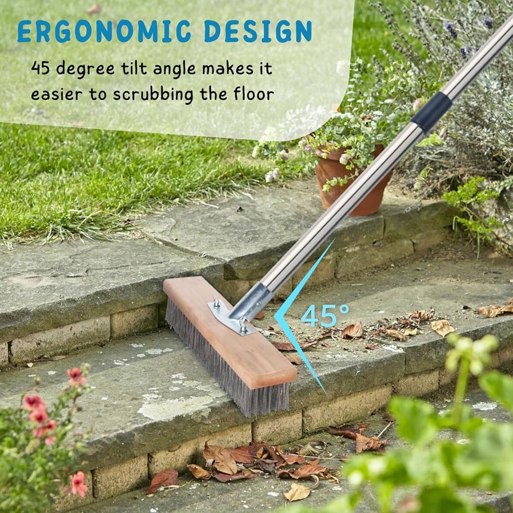 HASTHIP® Stainless Steel Wire Bristle Scrub Brush, Assembly Stainless Steel Rod, 30cm Wide Heavy Duty Floor Cleaning Brush for Tough Dirt, Grout, and Outdoor Surfaces