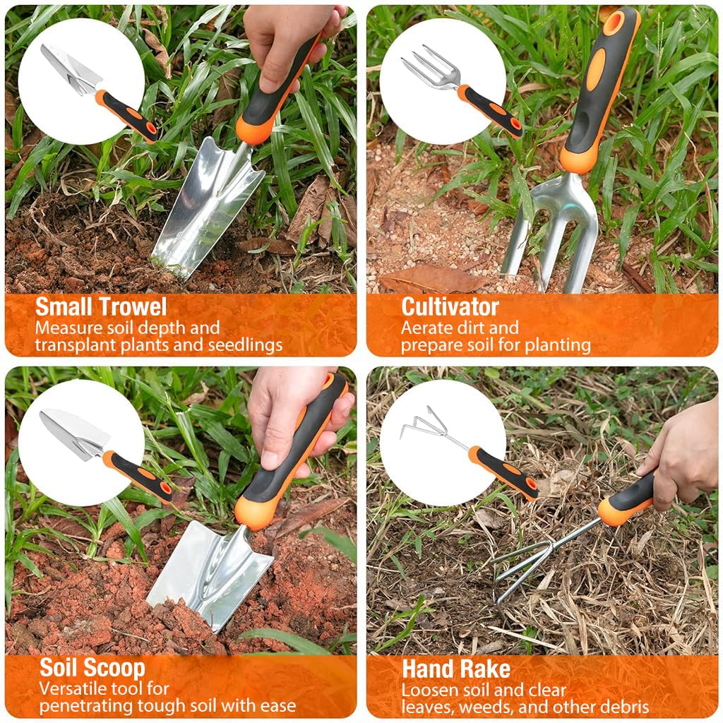 HASTHIP® Gardening Tools Set of 7Pcs Heavy Duty Stainless Steel Garden Planting Tools Home Gardening Tool Set with Pruning Shear, Gardening Fork, Trowel, Shovel, Weeder Tool, Seeding Tool, Tool Bag