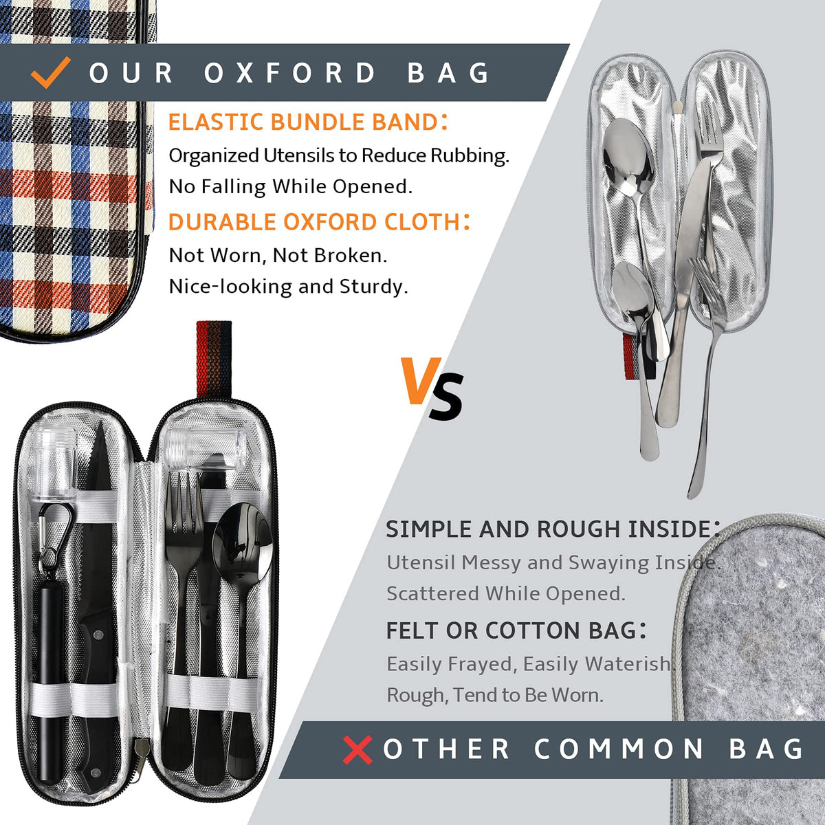 HASTHIP Portable Travel Utensils Set for Camping and Office with Zipper Case and Straw | Reusable Stainless Steel Flatware in Black