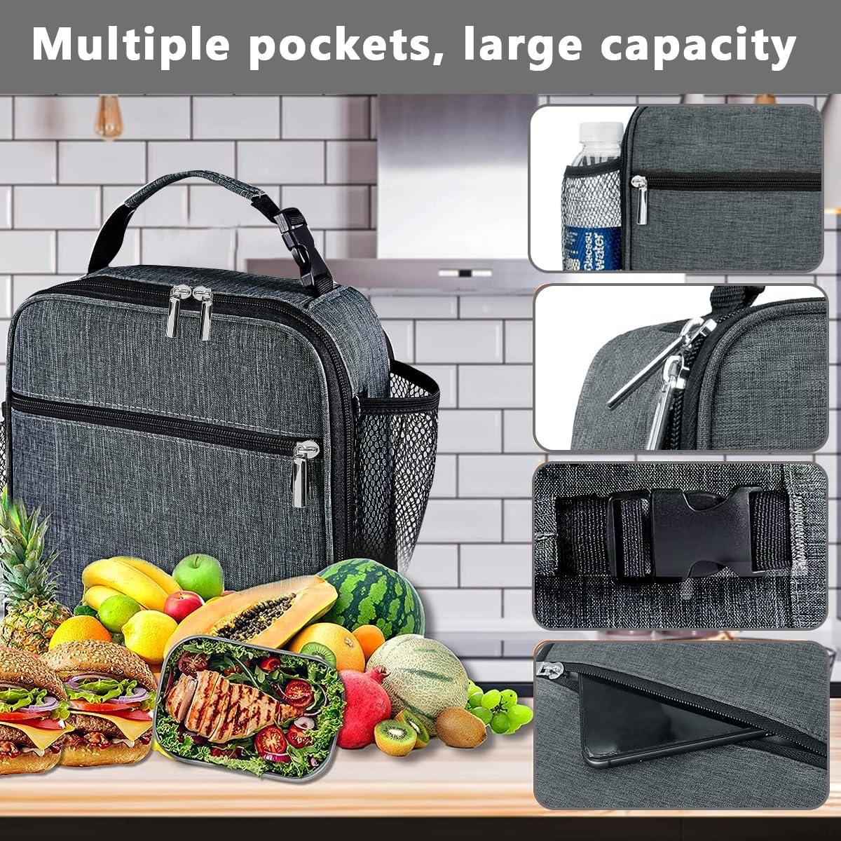 Lunch Box Insulated Soft Bag, Food Safe Durable Lunchbox for Men Women Adults, Small Lunchbox for Work Picnic, Reusable Lunch Bag Portable Lunch Tote, Grey