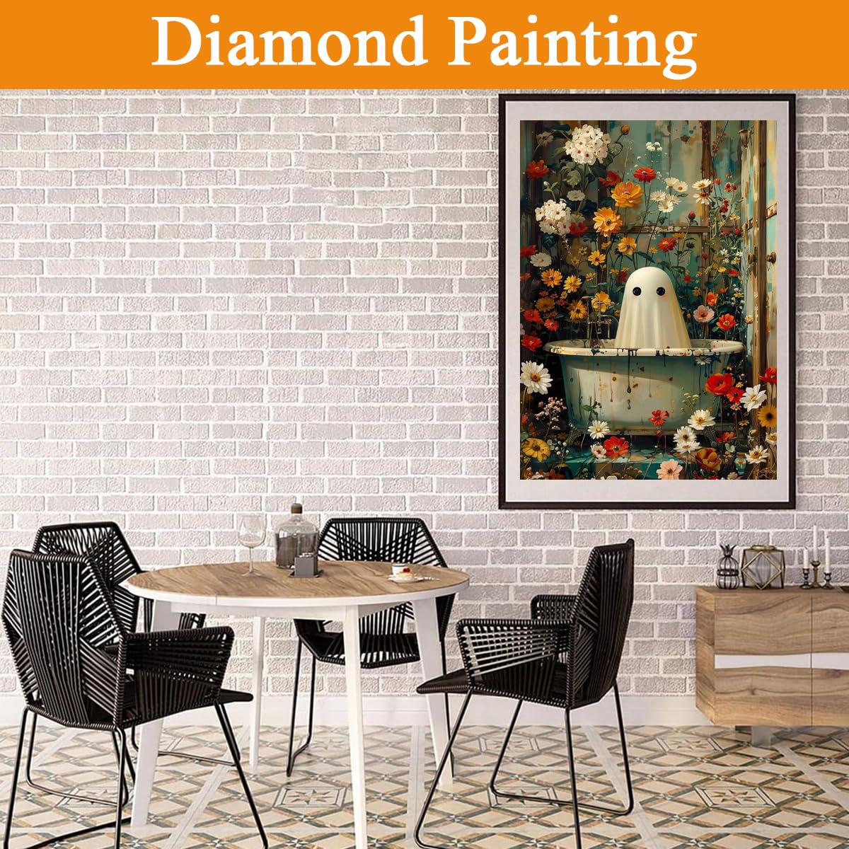 HASTHIP DIY 5D Diamond Painting Kit for Home Decor featuring Full Drill 30x40cm Canvas | Whimsical Ghost in Floral Bathtub with Resin Gems and Tools