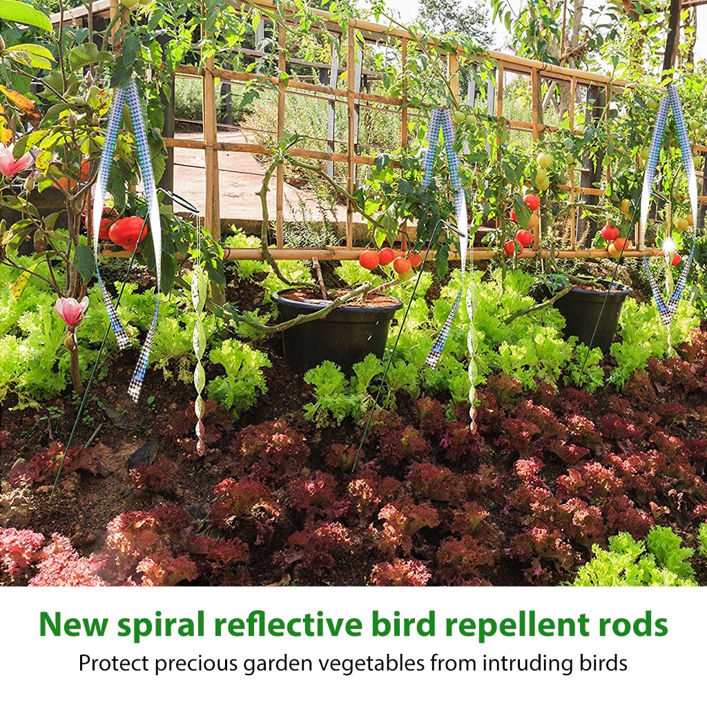 HASTHIP Bird Repellent Set for Gardens and Orchards with 10pcs Spiral Sticks and 2.4cm x 80m Reflective Tape | Silver Holographic Design
