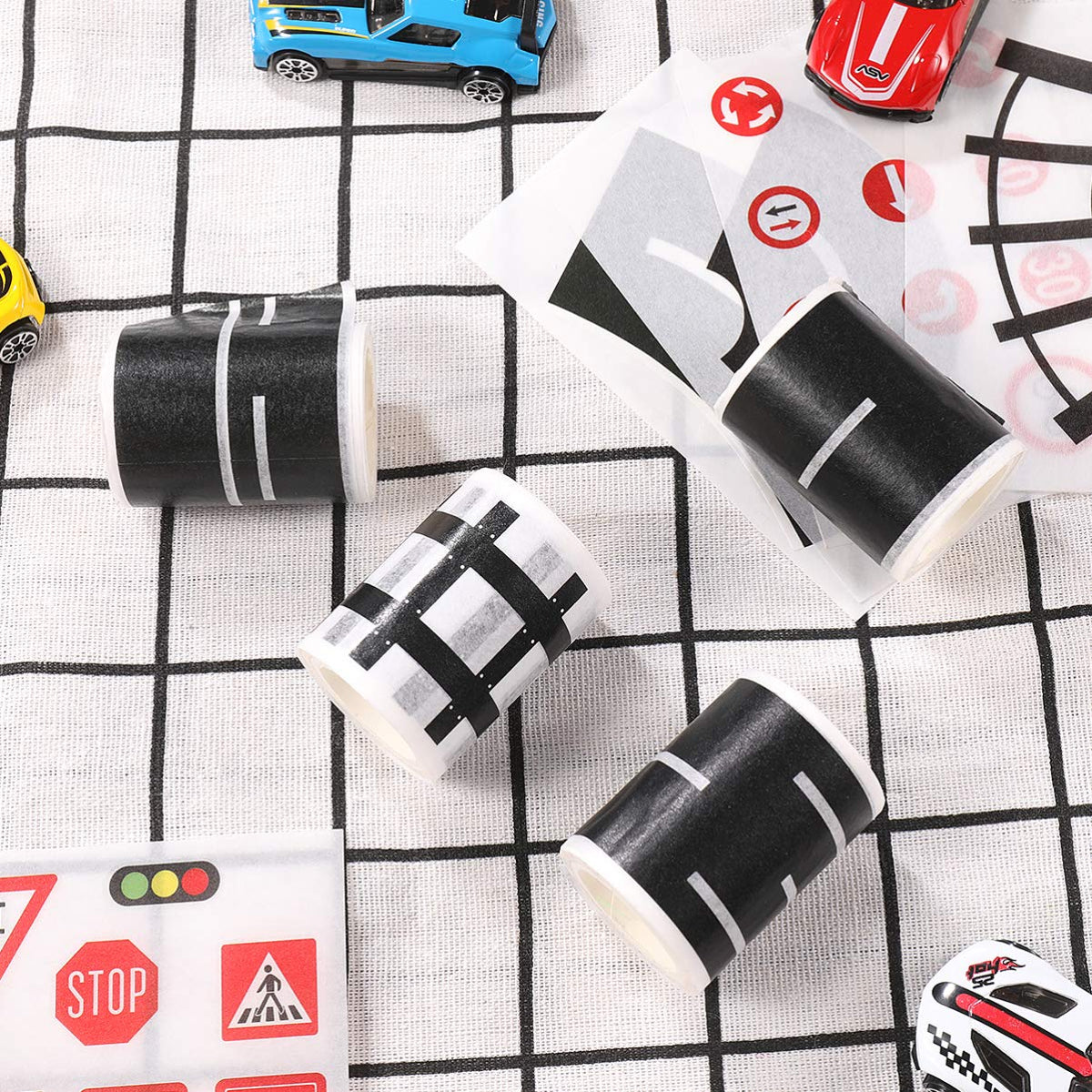 HASTHIP Washi Masking Tape Set for DIY Toy Car Roads with 4 Rolls 5m Each and Traffic Stickers