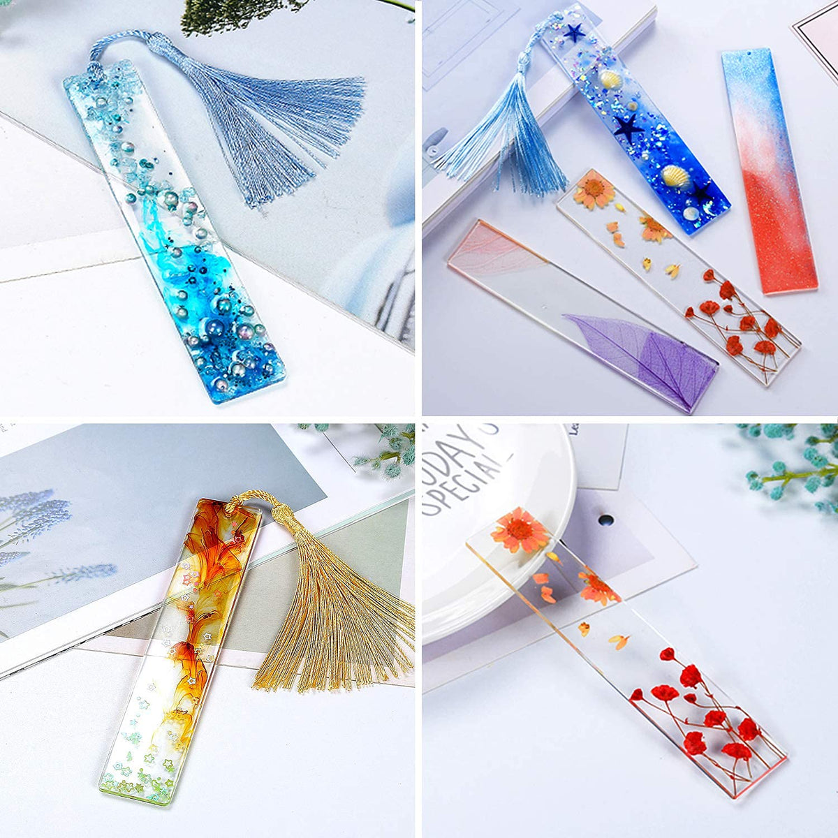 6 Pack Silicon Moulds for Resin Art DIY Bookmark Resin Mold Rectangle Bookmark Silicone Molds with 6 Pieces Colorful Tassels for Jewelry DIY Craft