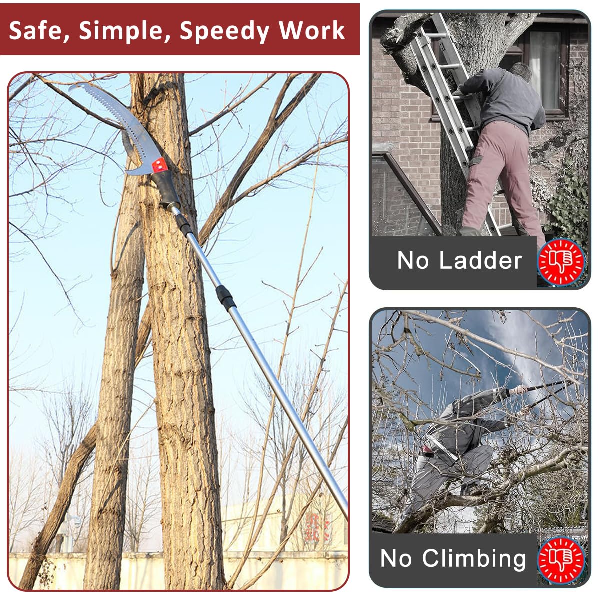 HASTHIP® Telescopic Manual Pruning Saw 9.8ft Extendable Stainless Steel Pole Saw Curved Hooked Blade Pruner Branch Trimmer for High Thick Branches Trimming