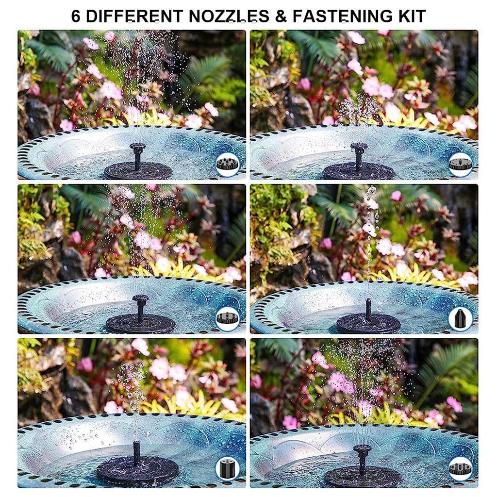 Solar Water Fountain for Garden, 1.5W Solar Water Pump with 6 Nozzles, Max 1.1m Water Column Solar Fountain for Home Garden Pond Bird Bath Pool