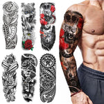 HASTHIP® 6 Hojas Tatuajes Temporales Grandes Impermeables para Brazos y Piernas,Diseños de Lobo,León y Rosa Tatuajes de Manga Temporales para Hombres Mujeres Ideal Fiesta