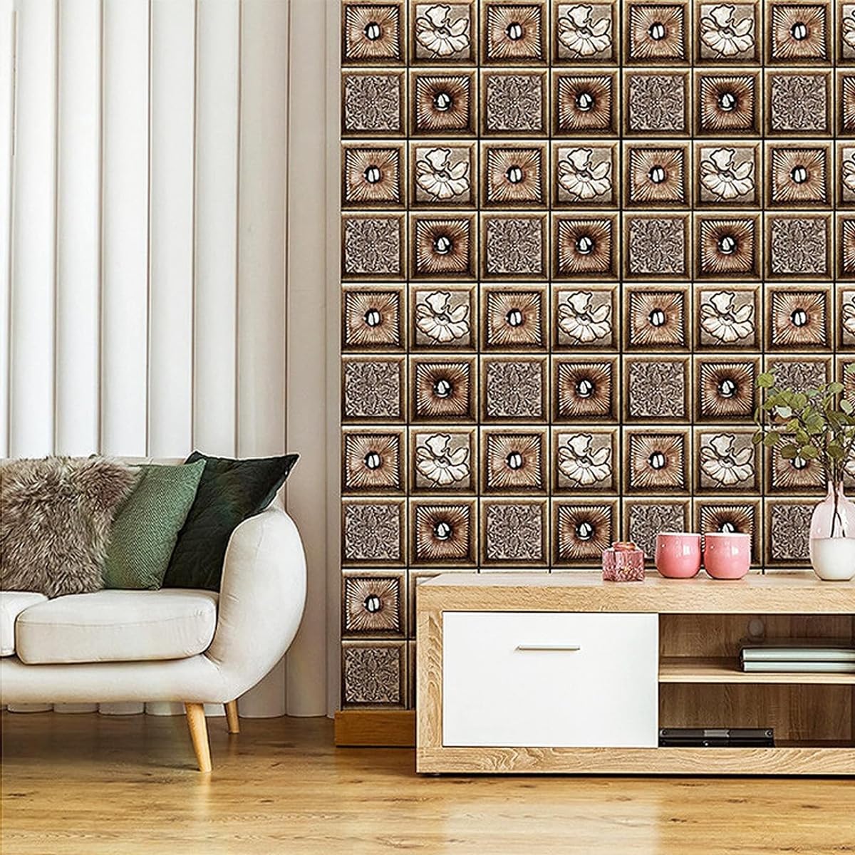 HASTHIP 3D Foam Wallpaper Panels for Bedroom and Living Room featuring 3.5cm Thick PE Foam | Golden Vintage Embossing 27.56x35.43 in