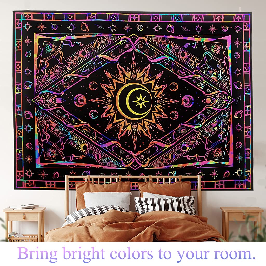 Blacklight Tapestry UV Reactive Tapestry Glow in The Dark, Sun and Moon Tapestry, Aesthetic Tapestry Wall Hanging Tapestry Fluorescence Tapestry Night Glow Tapestries (51.2 in x 59.1 in)