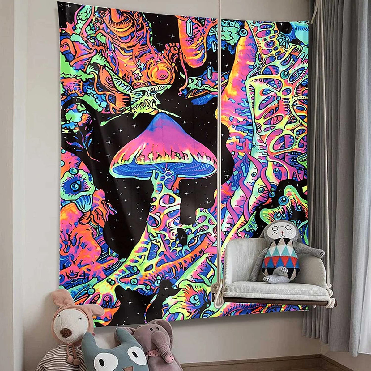 UV Luminous Mushroom Tapestry, Fantastic Upright Tapestry Glow In The Dark, UV Reactive Tapestries Posters Wall Hanging for Backdrop (51inch x 59inch)( Black)