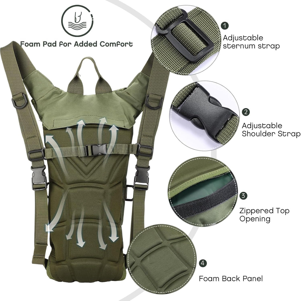 HASTHIP® Trekking Hydration Backpack, with 3L Water Bladder for Men Women Kids, Professional Waterproof Tactical Water Bag for Hiking, Biking, Running, Walking, BPA Free, Army Green