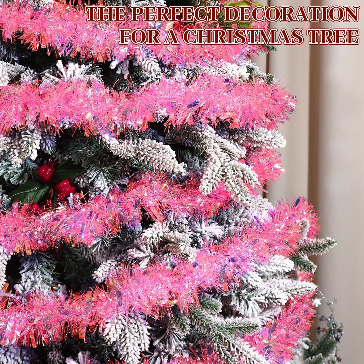 HASTHIP Pink Christmas Tinsel Garland for Trees and Parties featuring Shiny Metallic Fringe 16.4ft