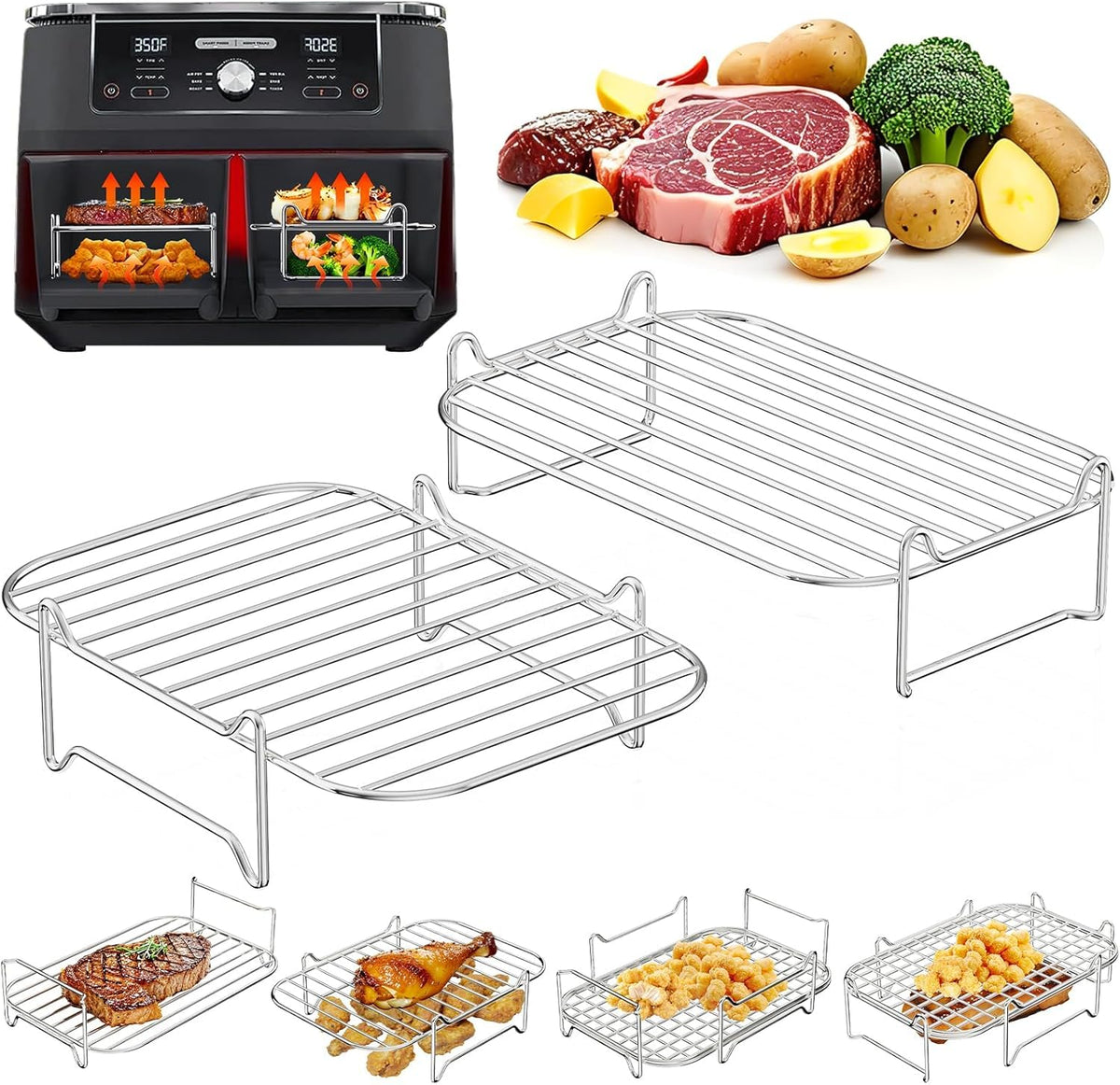 HASTHIP® 2PCS Air Fryer Accessories Rack Set,304 Stainless Steel Dehydrator Stands,Multi-Layer Air Fryer Rack for Baking Grilling Cooking Fits Various Models - Silver